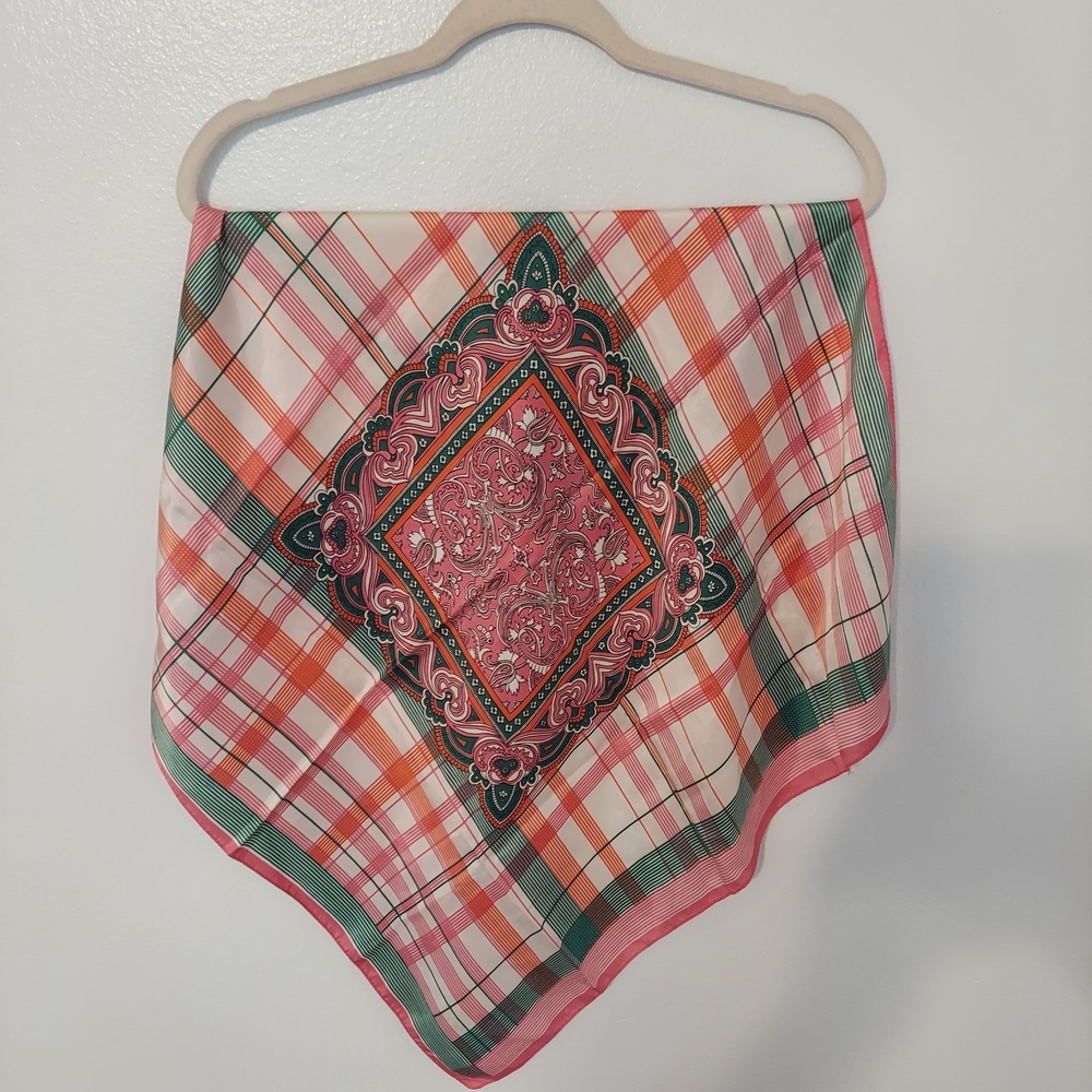Vibrant Green, Orange, Pink, White Plaid Vintage Scarf with Paisley Center
